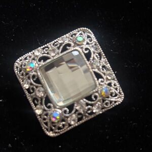 Elegant Silver Filigree  Aurora Borealis Brooch